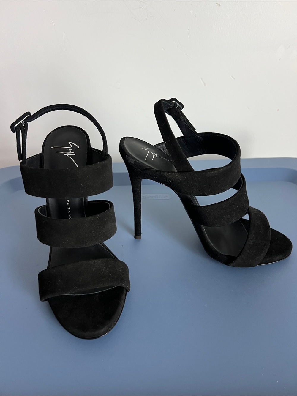 Giuseppe Zanotti alien triple strap stiletto black suede open toe heels strappy